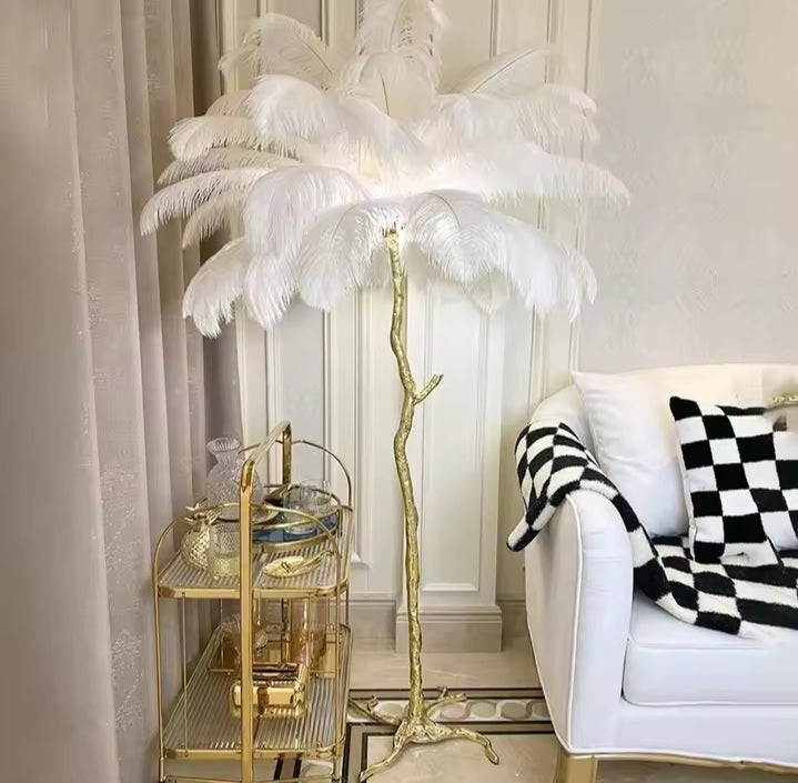 Modern Ostrich Feather Led Floor Lamp Copper Resin Living Room Home Decor Indoor Lighting Bedroom Bedside Standing Table Light