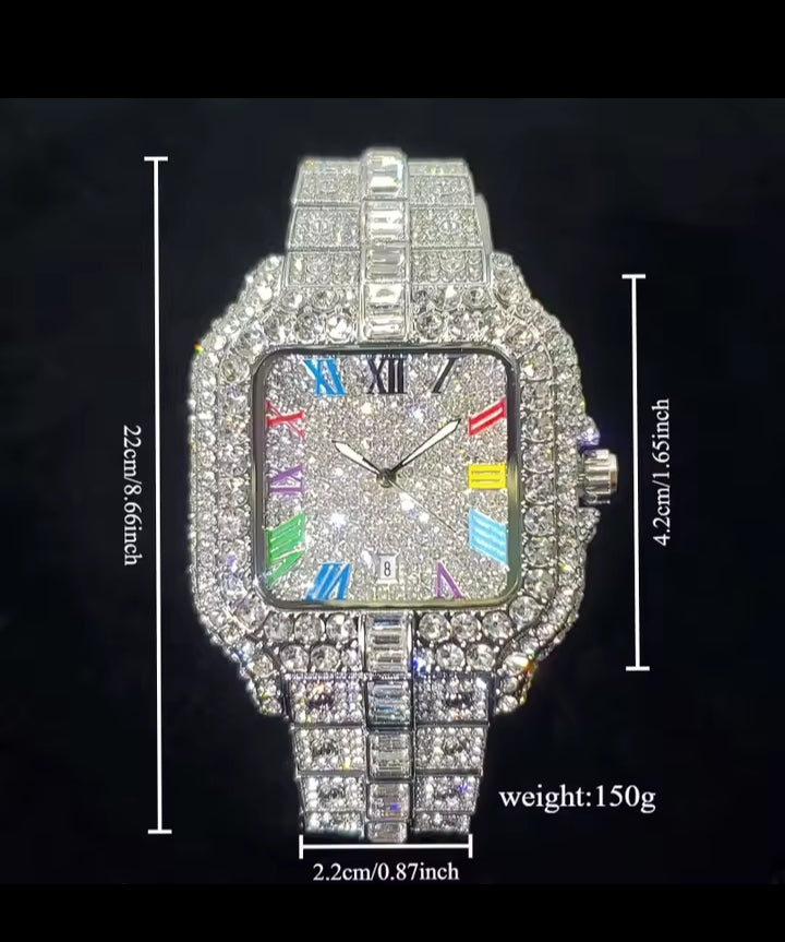 2025 New Luxury Diamond Watch Men Fashion Iced Out Square Colorful Number Watches Hip Hop Bling