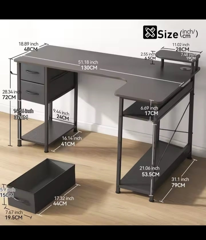 L-Shape Gaming Desk with Drawers, Carbon Fiber Computer Desk with Monitor Arm, Gaming Desk for Home