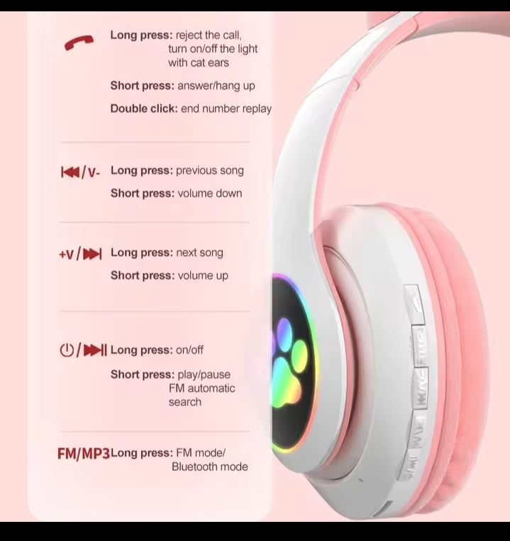 Flash Lamp Cute Cat Ears Headphone Bluetooth5.0 Stereo With Mic Support TF Card Wireless Kids Girl Earphone Birthday Gift