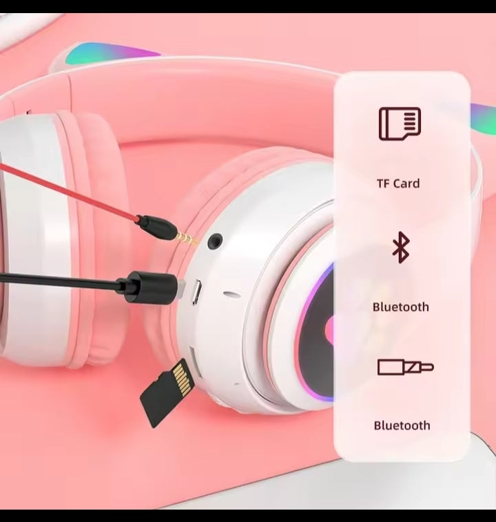 Flash Lamp Cute Cat Ears Headphone Bluetooth5.0 Stereo With Mic Support TF Card Wireless Kids Girl Earphone Birthday Gift