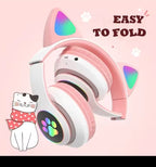 Flash Lamp Cute Cat Ears Headphone Bluetooth5.0 Stereo With Mic Support TF Card Wireless Kids Girl Earphone Birthday Gift