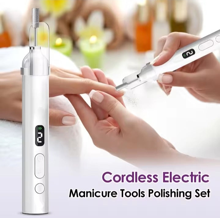 Cordless Electric Nail Drill with UV Lamp Nail Polishing Machine Kit Nail Grinder Polisher Drill Bits with 6 Grinding Heads
