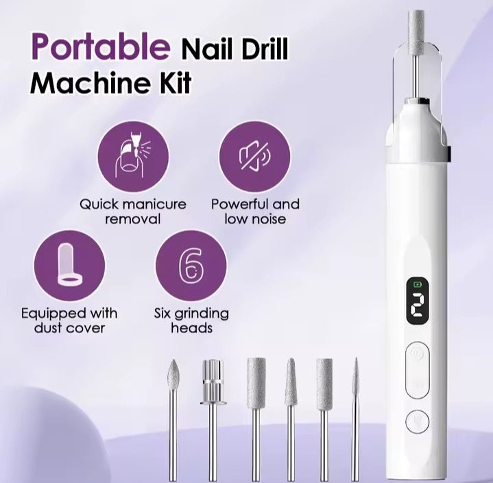 Cordless Electric Nail Drill with UV Lamp Nail Polishing Machine Kit Nail Grinder Polisher Drill Bits with 6 Grinding Heads