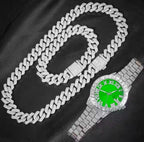 3pcs Cuban Chain Watch for Men Hip Hop Miami Curb Iced Out Paved Rhinestones Rapper Cuban Necklace Suit Watch+Bracelet Jewelry