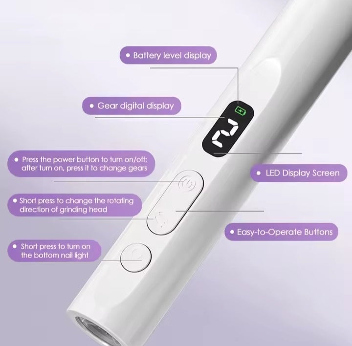 Cordless Electric Nail Drill with UV Lamp Nail Polishing Machine Kit Nail Grinder Polisher Drill Bits with 6 Grinding Heads