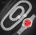 3pcs Cuban Chain Watch for Men Hip Hop Miami Curb Iced Out Paved Rhinestones Rapper Cuban Necklace Suit Watch+Bracelet Jewelry