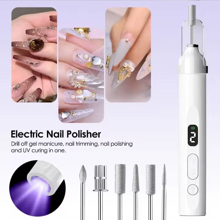 Cordless Electric Nail Drill with UV Lamp Nail Polishing Machine Kit Nail Grinder Polisher Drill Bits with 6 Grinding Heads