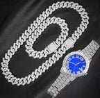 3pcs Cuban Chain Watch for Men Hip Hop Miami Curb Iced Out Paved Rhinestones Rapper Cuban Necklace Suit Watch+Bracelet Jewelry