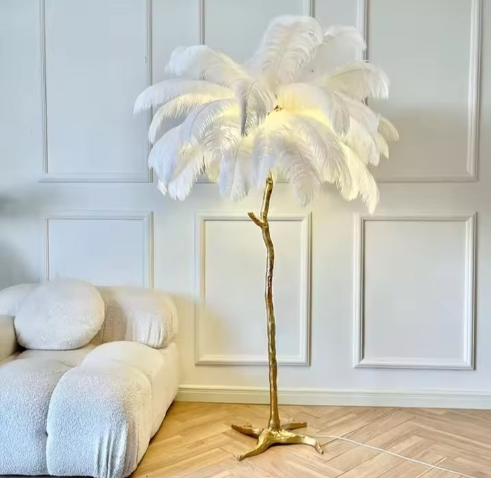 Modern Ostrich Feather Led Floor Lamp Copper Resin Living Room Home Decor Indoor Lighting Bedroom Bedside Standing Table Light