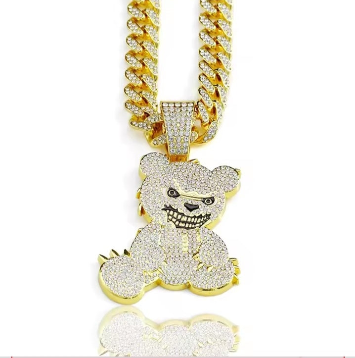 Hip Hop Aggressive Bear Pendants Necklaces with Miami Cuban Link Chain Brown Bear Men's Women Choker Collar Jewelry Accessories