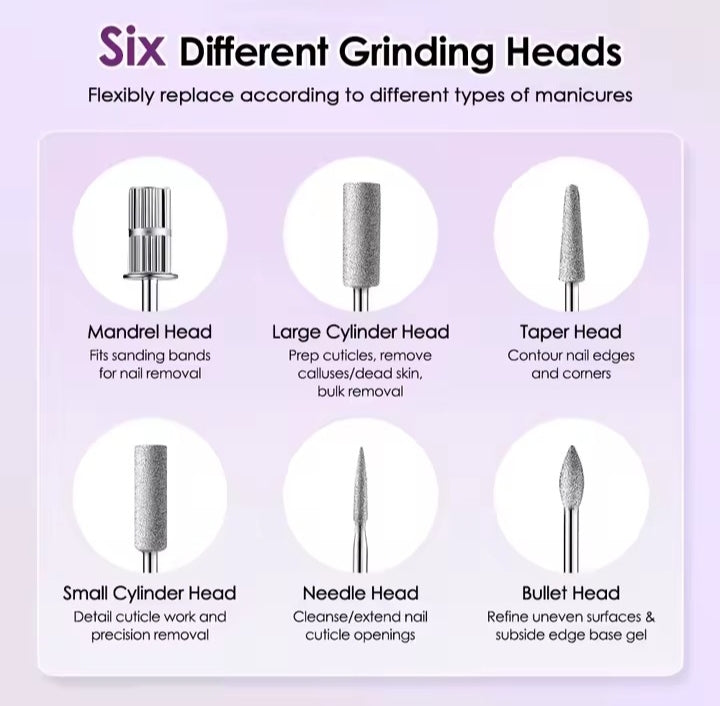 Cordless Electric Nail Drill with UV Lamp Nail Polishing Machine Kit Nail Grinder Polisher Drill Bits with 6 Grinding Heads