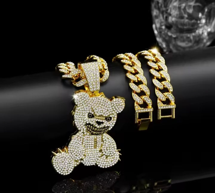 Hip Hop Aggressive Bear Pendants Necklaces with Miami Cuban Link Chain Brown Bear Men's Women Choker Collar Jewelry Accessories