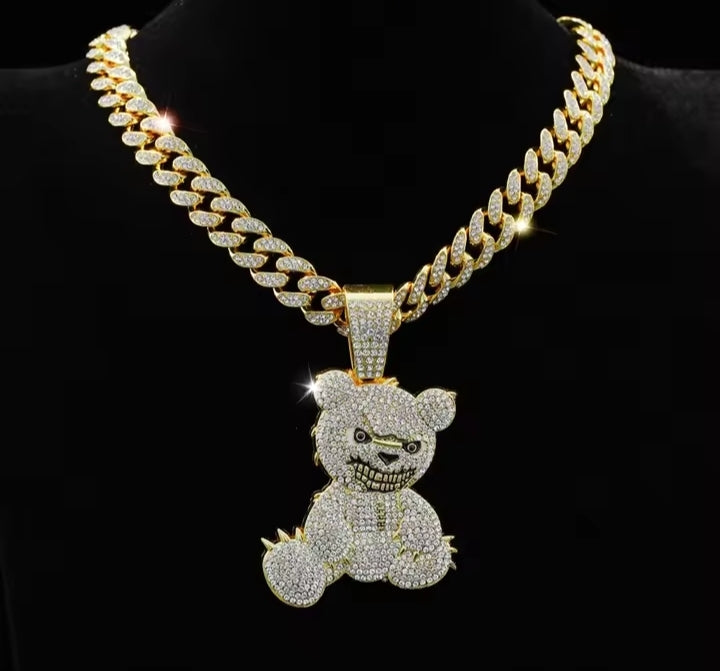Hip Hop Aggressive Bear Pendants Necklaces with Miami Cuban Link Chain Brown Bear Men's Women Choker Collar Jewelry Accessories