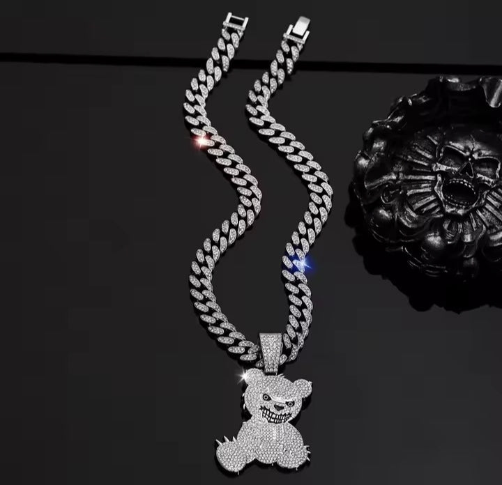 Hip Hop Aggressive Bear Pendants Necklaces with Miami Cuban Link Chain Brown Bear Men's Women Choker Collar Jewelry Accessories