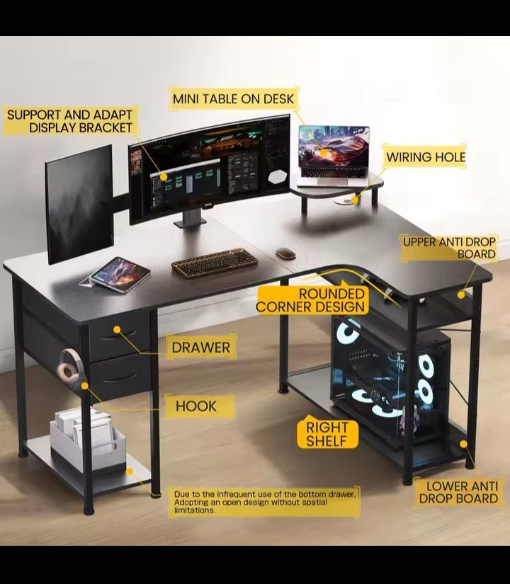 L-Shape Gaming Desk with Drawers, Carbon Fiber Computer Desk with Monitor Arm, Gaming Desk for Home