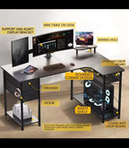 L-Shape Gaming Desk with Drawers, Carbon Fiber Computer Desk with Monitor Arm, Gaming Desk for Home