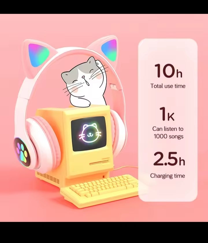 Flash Lamp Cute Cat Ears Headphone Bluetooth5.0 Stereo With Mic Support TF Card Wireless Kids Girl Earphone Birthday Gift