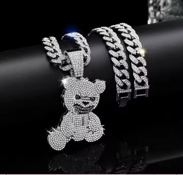 Hip Hop Aggressive Bear Pendants Necklaces with Miami Cuban Link Chain Brown Bear Men's Women Choker Collar Jewelry Accessories