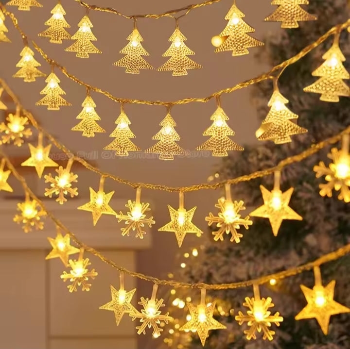 Christmas String Lights LED Acrylic Clear Star Snowflake Xmas Tree Long Lamp Strings Light Hanging Ornaments Home Party Decor