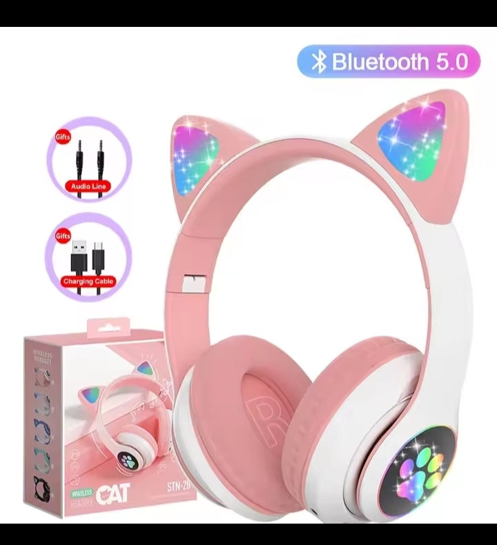 Flash Lamp Cute Cat Ears Headphone Bluetooth5.0 Stereo With Mic Support TF Card Wireless Kids Girl Earphone Birthday Gift